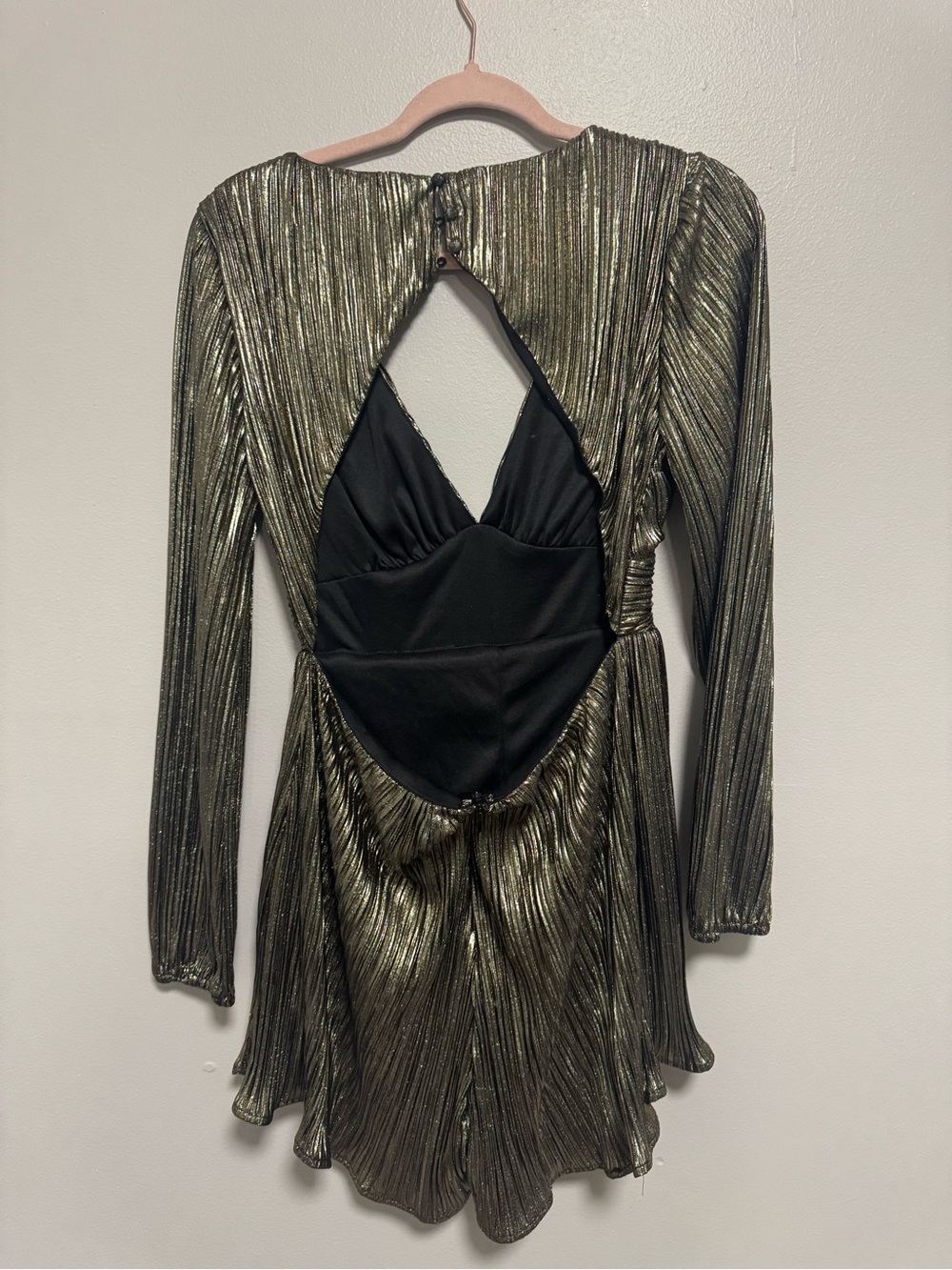 Lulus Plisse and Thank You Gold Pleated Long Sleeve Backless Romper - Picture 6 of 15